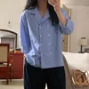 Women's Blouses Korean Fashion Notched Collar Double-breasted Shirt Woman Colorblock Striped Loose Long Sleeve Shirts Female Top Drop