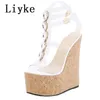 Sandals Liyke Size 35-42 White Transparent Sandals For Women Summer Fashion Open Toe Buckle Strap Platform Wedge Heels Rhinestone Shoes T221209