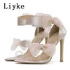 Summer Sandals Blue Elegant Bowknot Liyke Womens Satin Pointed Open Toe Thin High Heels Ankle Strap Transparent Shoes Size35-42 T221209 731