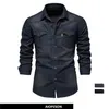 メンズ Tシャツ Aiopeson ブランド弾性綿デニムシャツ男性長袖品質カウボーイシャツカジュアルスリムフィットメンズデザイナー Clo Dhyjb