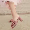 Sandals Ladies Gold Pleated Bow Knot Slip On Mules Slip On Wedding Heeled Sandals For Women Block High Heels Design Dress slippers women T221209