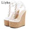 Beyaz 35-42 LiYke Boyut Kadınlar İçin Şeffaf Sandalet Yaz Moda Açık Ayak Toka Kayışı Platform Kama Topukları Rhineston 5AC5
