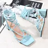 Sandalen 2022 Zomer Vrouwen Sandalen Hakken Lace Up Square teen Block Hakken Sexy blauwe zwarte gladiator Enkle -riem hakken voor vrouwen T221209