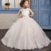 Girl Dresses 2022 Cute Pink Lace Appliques Short Sleeves First Communion Kids Pageant Flower