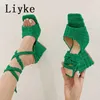 الكعوب Liyke Women Sandals Gladiator High Triangle Fashion Summer Corduroy Square Toe Lacle Lace-Up Lady Party Shoes Green T221209 725