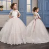 Girl Dresses 2022 Cute Pink Lace Appliques Short Sleeves First Communion Kids Pageant Flower