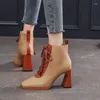 Boots Women High Heel Leather Short Fashion Retro Lace-up Square Toe Heeled Ankle Booties Woman 2023 Spring Shoes Botas De Mujer
