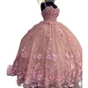 Güzel Pembe Quinceanera Prom Elbiseler 3D Çiçekler Yetişkin Tatlı 15 Parti Gowns Glitter Junior Girls Pageant Elbise