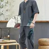 Ethnische Kleidung 2 Stück Retro chinesisches traditionelles Mann-Set Leinen Sommer halbe Ärmel V-Ausschnitt T-Shirt solide orientalische Tang-Anzug 10795