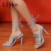 Sandali Liyke 2022 estate blu rosa donne sandali infradito moda cinturino alla caviglia tacchi alti punta quadrata lace-up scarpe da sera taglia 35-42 T221209