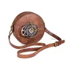 Kvällspåsar vintage steampunk kvinnor rock axelväska cirkulär mjuk pu läder punk brun redskap motorcykel runda crossbody