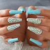 Falso unhas falsas diamante strass de capa completa suprimentos de unhas para profissionais pré -desenhos dicas de atacado de caixão extra longo azul azul