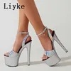 Сандалии Liyke Fashion Runway Extreme Stiletto Высокие каблуки Сексуальные серебряные женские сандалии открытые брусные брусные бретели