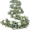 Decorative Flowers Eucalyptus Garland with White Rose Artificial Floral Vines for Wedding Table Runner Doorways Decoration Indoor Outdoor Backdrop Wall Decor