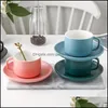 Tasses Tasse à café et soucoupe en céramique émaillée de couleur ensemble 240Ml mode nordique lait tasse soucoupe Drinkware livraison directe maison jardin cuisine Dhah2