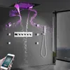 Pommeau de douche musical au plafond, 20 pouces, LED, pluie, cascade, brume, corps principal thermostatique, ensemble de robinets de salle de bains et de douche