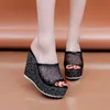 Bling Women Sandals Golden Slippers Summer Shoes Platform 4cm Outside Fitting-room 11cm High Heels Wedges Solid Mesh Fem 0810