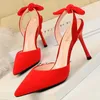 Skor Sandaler Bow-Knot BigTree Women Suede Stiletto Heeled Summer High Heels Pumpar Fashion T230103 B07B