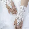 Fashion Short Fingerless Bridal Gloves White Lace Appliques Beaded Ribbon Tied Brides Accessories Wrist Length Wedding Gloves AL2508