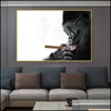 Resimler Maymun Sigara Posterleri Siyah ve Beyaz Duvar Resim Odası Ev Dekoru Hayvan Tuval Resimleri Çerçeve DH7V4