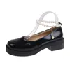 Scarpe eleganti Lucyever Pearl Ankle Strap Mary Janes Women Brevet Pelle spesse tacchi quadrati Pompe Donna classica Black giapponese JK