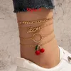 Ankletter Dainty Boho Leaf Heartbeat Color Crystal Anklet Set Multilayer Pearls Cherry Birthstone Coin Love Heart Armband