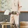Ethnische Kleidung 2 Stück Retro chinesisches traditionelles Mann-Set Leinen Sommer halbe Ärmel V-Ausschnitt T-Shirt solide orientalische Tang-Anzug 10795