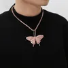 Pendant Necklaces Hip Hop All Pink CZ Zircon Stone Paved Bling Iced Out Butterfly Pendants Necklace For Men Women Fashion Jewelry