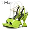 Chic Strange Liyke Fashion Chunky High Heels Platform Sandals Women Black Green Patent Leather Peep Toe Chain Ankle Strap Shoes T221209 82291