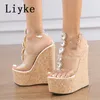 Sandals Liyke Size 35-42 White Transparent Sandals For Women Summer Fashion Open Toe Buckle Strap Platform Wedge Heels Rhinestone Shoes T221209