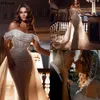 Arabisch glitzernde Pailletten-Meerjungfrau-Brautkleider aus Dubai mit abnehmbarer Schleppe, schulterfreie Falten, moderne Brautkleider, sexy Übergröße, Vestidos De Novia