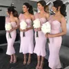 Vestidos de dama de honra rosa empoeirada curta uma bainha de ombro comprimento de chá personalize vestidos de festas de casamento maid de honra e tamanho de casamento