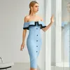 Casual jurken 2022 Autumn Women Sexy Off Schouder Midi Club Bandage Dress Knoppen Blue Bodycon Celebrity Evening Runway Party