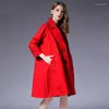 여자 트렌치 코트 3 색 가을 여성 롱 턴 다운 칼라 코트 9 쿼터 주름 뒤쪽 겉옷 크기 XL-5XL 빨간색 검은 노란색