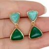 Stud Earrings Natural Triangle Green Agate Amazonite Bezel Set Gold Plated