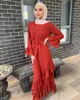 Roupas étnicas Robe árabe muçulmano Ruffle Big Sash Big Swing Vestido longo Ramadan Kaftan Hijab Abaya Dubai Turquia Caftan Marocain Islâmico