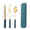 Dinnerware Sets Portable Cutlery With Case Stainless Steel Tableware Fork Spoon Chopsticks Ceramic Handle Travel Set Students Kitchen