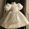 Abiti da ragazza Bianco Scoop Maniche corte Fiore per abito da festa di nozze Dolce Tulle Perline Paillettes Compleanno per bambini Vestidos De Novia