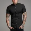 Casual shirts voor heren aankomsten zomer man korte mouw shirt Solid Men Stand Collar Slim Fit Business Dress Single-Breasted Fitness Tops