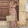 Feestjurken boho bloemenprint lange jurk zomer v nek korte mouw front split maxi sze-st20121