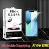 Screen Protector Protective Film för iPhone 14 13 12 Mini 11 Pro Max X Xs Max 8 7 6 Plus Samsung A71 A21 LG STYLO 6 ARISTO 5 Tempererade glas Screengurad Glasses Potector HTC