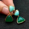 Stud Earrings Natural Triangle Green Agate Amazonite Bezel Set Gold Plated