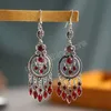 Retro Round Hollow Chinese Style Dangle Earrings Blue Rhinestones Earrings Wholesale Tassel Earring Female