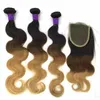 Brazilian Body Wave Human Remy Hair Weaves 3 4 Bundles with Closure Ombre 1b 4 27 Color Double Wefts Hair Extensions294g