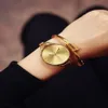 2017 lujo oro mujeres vestido relojes marca señoras ultra delgado malla de acero inoxidable mini pulsera oro cuarzo horas shi196o