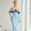 Casual jurken 2022 Autumn Women Sexy Off Schouder Midi Club Bandage Dress Knoppen Blue Bodycon Celebrity Evening Runway Party