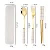 Dinnerware Sets Portable Cutlery With Case Stainless Steel Tableware Fork Spoon Chopsticks Ceramic Handle Travel Set Students Kitchen