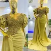 Luxury Sparkle Crystals Mermaid Prom kl￤nningar Arabiska aso ebi ren nacke Ruched Puff Sleeves Formella kv￤llst￤vlingskl￤nningar Satin Peplum Second Reception Dress CL1595