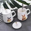 Mugs Cartoon Drawing Gold Ceramic Cup 450 ml Creative Water Office Mug With Lid Tea for Coffee