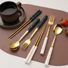 Utensílios de jantar conjuntos de talheres portáteis com estojo de aço inoxidável maço de mesa de mesa de tabela de tabela de pauzinhos de cerâmica conjunto de viagens